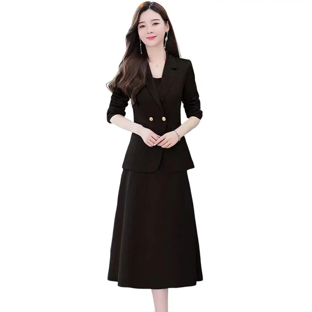 2Pcs/Set Summer Women Suit Dress Outfit  Solid Color Mid-length Lady Dress Sets Light Luxury Commute Sling Dress Coat Set