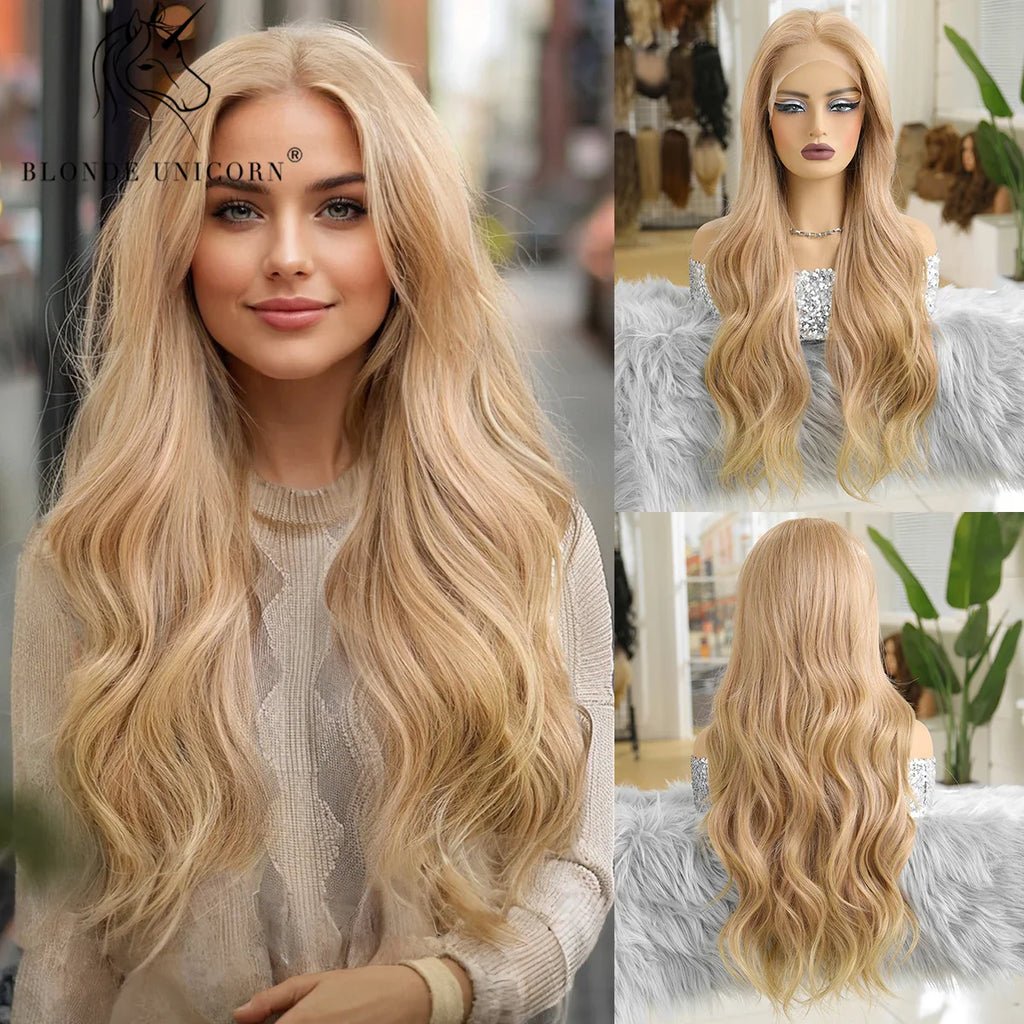 13x6 Lace Front Wig Blonde Wave Synthetic Wigs for Women Daily Party Cosplay Use Heat Resistant Fiber Hair