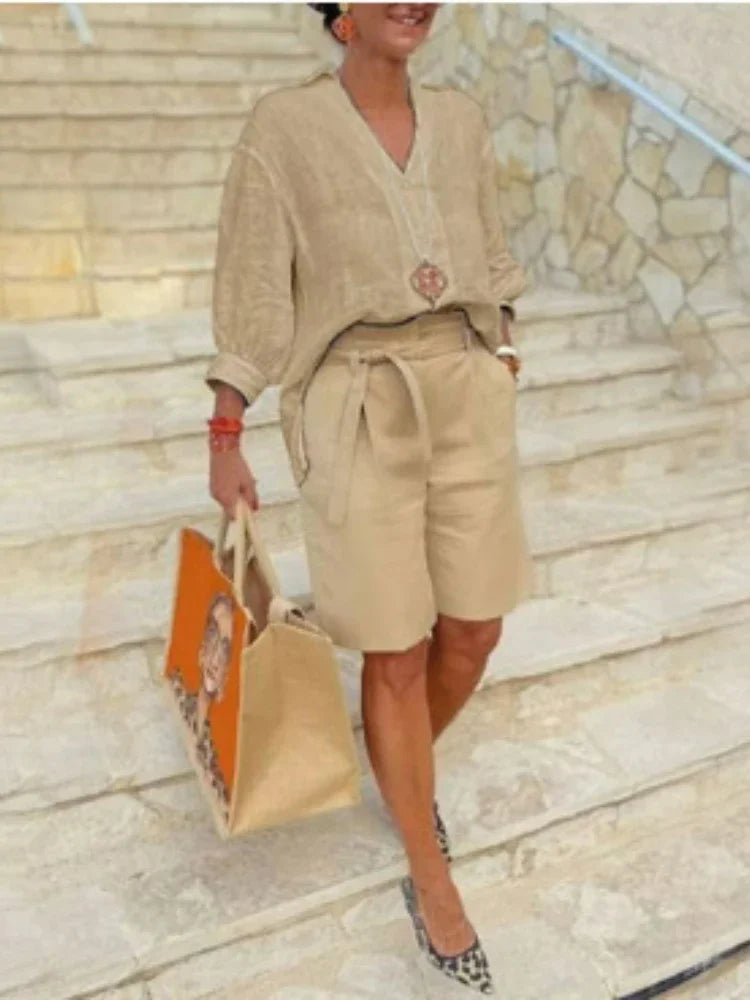 2024 Summer Fashion New Matching Collection Loose and Elegant V-neck Short Sleeve Cotton Linen Top Wide Leg Shorts Two Piece Set