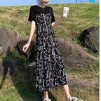 2024 New Summer Korean Version Elegant and Loose Floral Dress Short Sleeved Printed Patchwork Bandage for Women's Long Dress