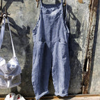 Casual Striped Overalls Korean Style Women's Summer Loose Fit Suspenders Jumpsuits Contrast Color Wide Leg Pants WIth Pockets