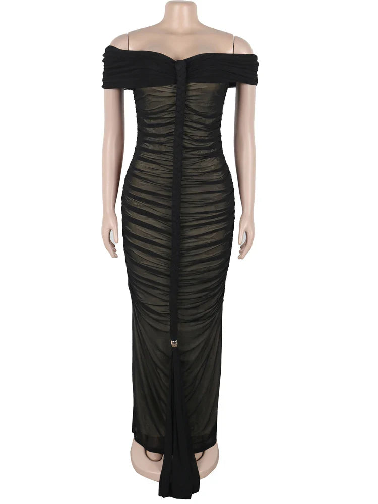 Beyprern Luxe Goddess Ruched Mesh Maxi Dress Elegant Women's Off Shoulder Pleated Bandage Beach Vacation Dress Holiday Outfits