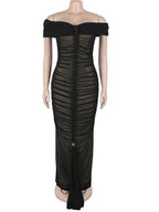 Beyprern Luxe Goddess Ruched Mesh Maxi Dress Elegant Women's Off Shoulder Pleated Bandage Beach Vacation Dress Holiday Outfits