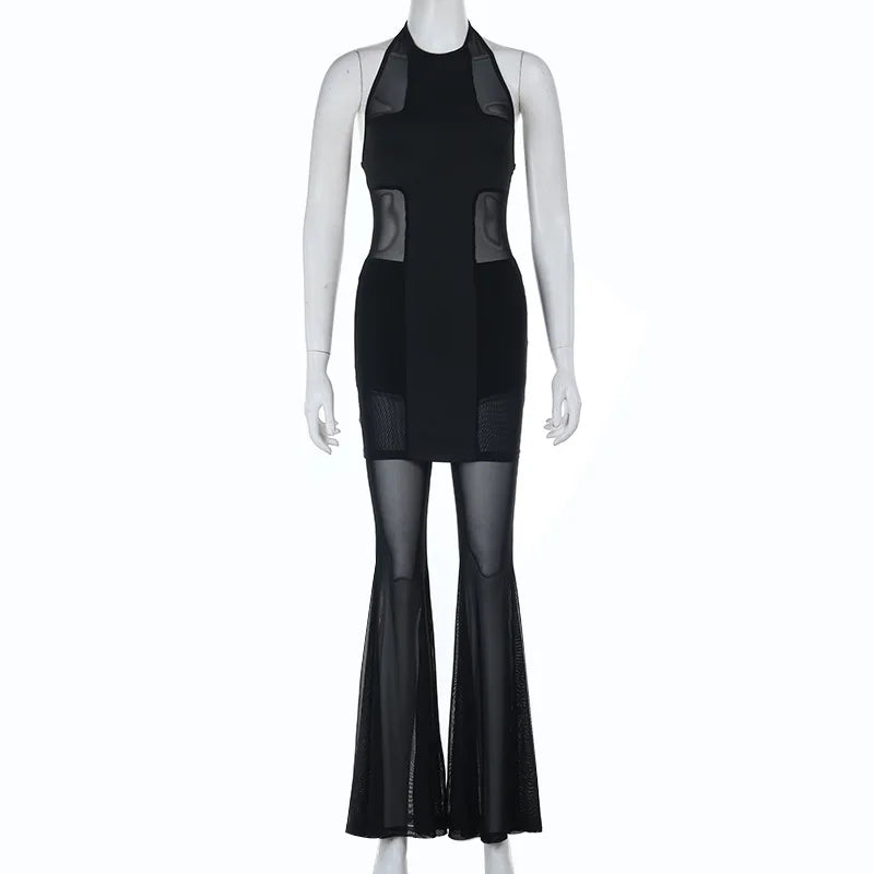 American Fashion Gothic Style Mesh Black Silk Sexy Trousers Suit Women's Summer Street Hip-hop Y2K Black Flared Pants