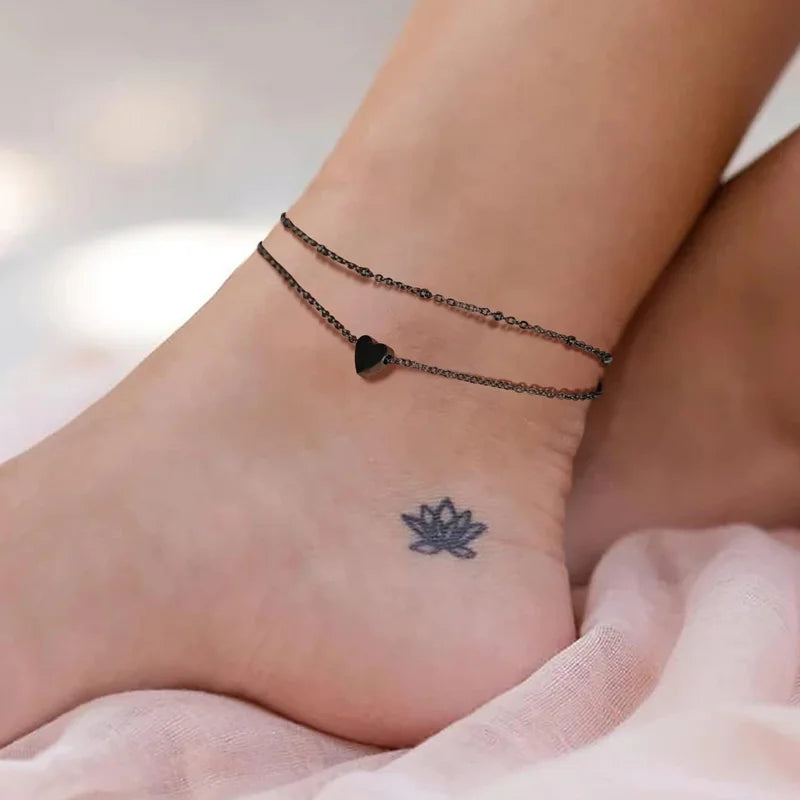 Double Tiny Heart Chain Anklets for Men Women Teen Girls, Black Tone, Ankle Bracelets Hypoallergenic Adjustable