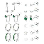 20pcs Stainless Steel Delicate Comfortable Green Gemstone Flat Back Earring Set,Hypoallergenic Small Hoop Earrings Jewelry Gifts