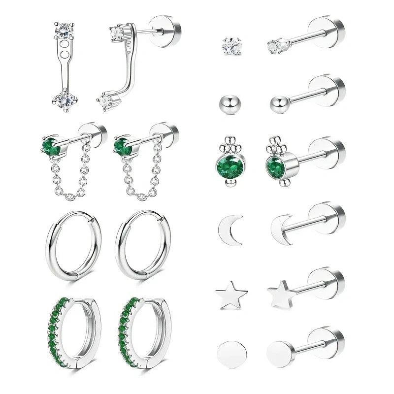 20pcs Stainless Steel Delicate Comfortable Green Gemstone Flat Back Earring Set,Hypoallergenic Small Hoop Earrings Jewelry Gifts