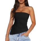 920L Strapless Ruched Asymmetrical Tube Top for Women Off Shoulder Bandeau Shirt Solid Color Side Split Fit Top