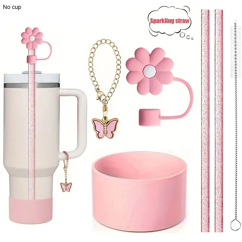 6pcs Reusable Accessories Set for Stanley 40oz Tumblers - Bow Straw Covers, Sparkling Straw, Protective Boot, Charm Chains