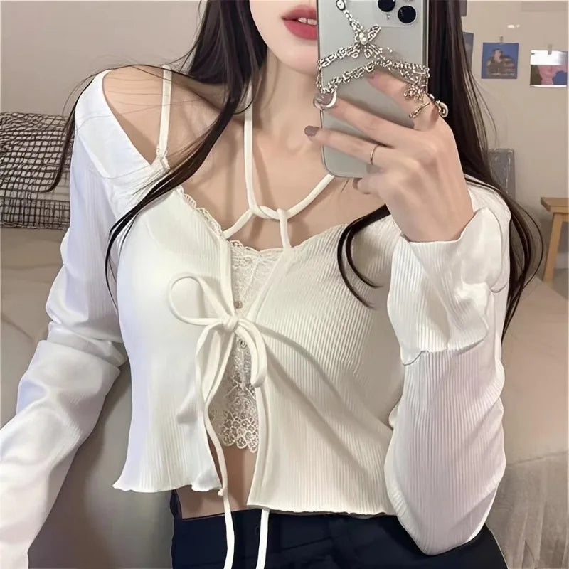 Casual Knitted Cardigan Women Fashion Thin Sunscreen Lace-Up Knitwear Tops Y2k Girls Korean Style Flare Sleeve Cropped Coat