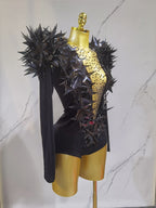 2025 New Shiny Black Rhinestone Velvet Long Sleeve Bodysuit Women Evening Party Club Gala Hosts NightClub Bar Stage Costumes