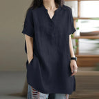 2024 Summer Fashion Cotton and Hemp Women's Shirt Commuting Style Casual Half Open Short Sleeve Casual Shirt Top