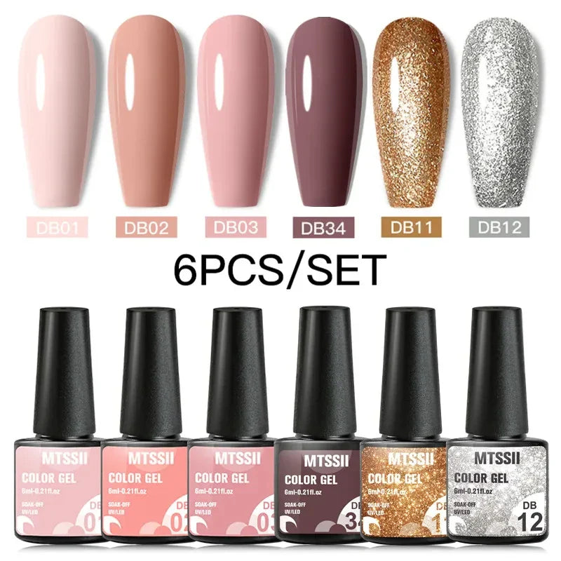 6PCS/SET Glitter Bright Pink Peach Gel Nail Polish Kit Spring Colorful Semi Permanent Soak Off Art UV Gel Varnish For Manicure