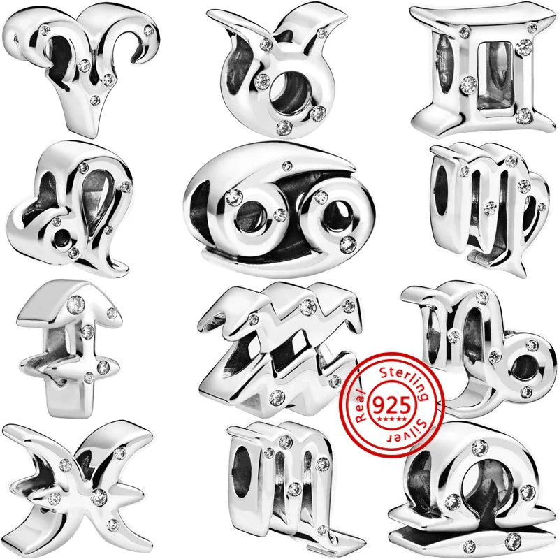Authentic 925 Sterling Silver Sparkling Aries Leo Scorpio 12 Zodiac Signs Constellation Charm Beads Fit Pantaro Bracelet Jewelry