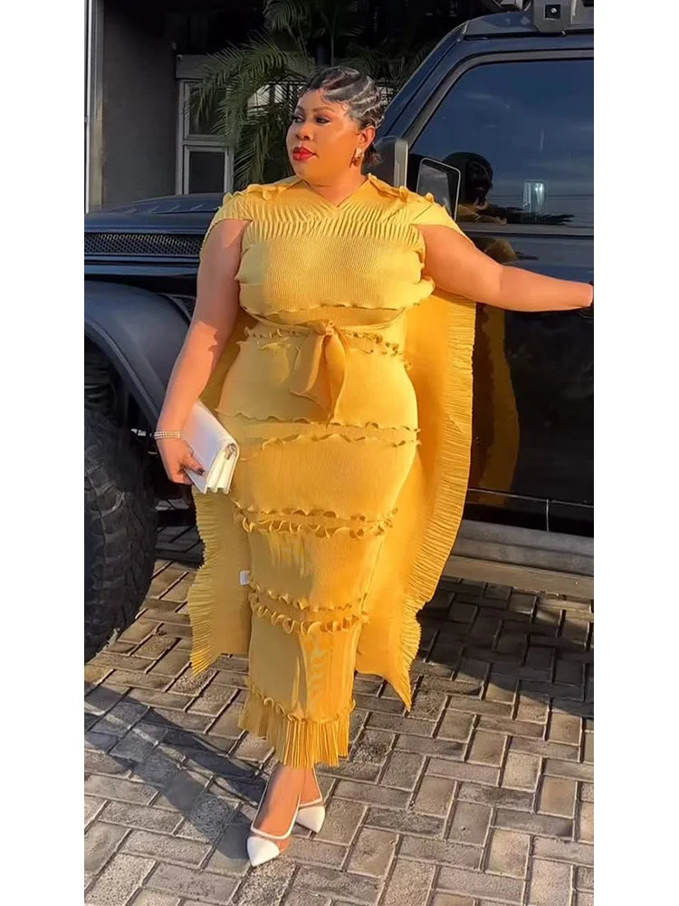 EGRM Miyake Solid Pleated French Three-dimensional Fungus Edge Cake Dress Women's Loose Long Dresses 2025 Summer New 6R8109