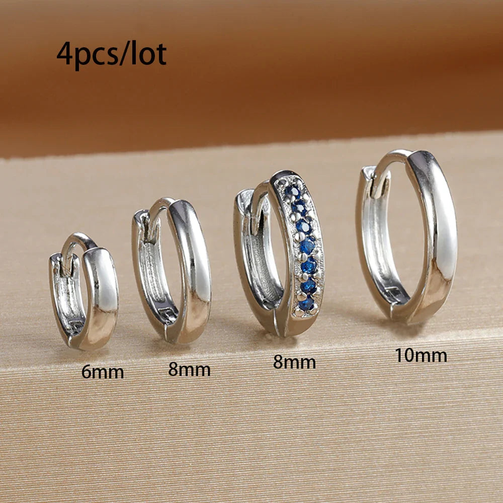 4PCS Set Stainless Steel Huggie Minimal Hoop Earrings 6/8/10mm Crystal Zirconia Helix Tragus Cartilage Earrings Piercing Jewelry