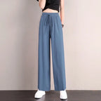 1pcs Summer Women Ice Silk Pant Female High Elastic Waist Drawstring Pocket Loose Straight Trousers Student Sports Straight Pant