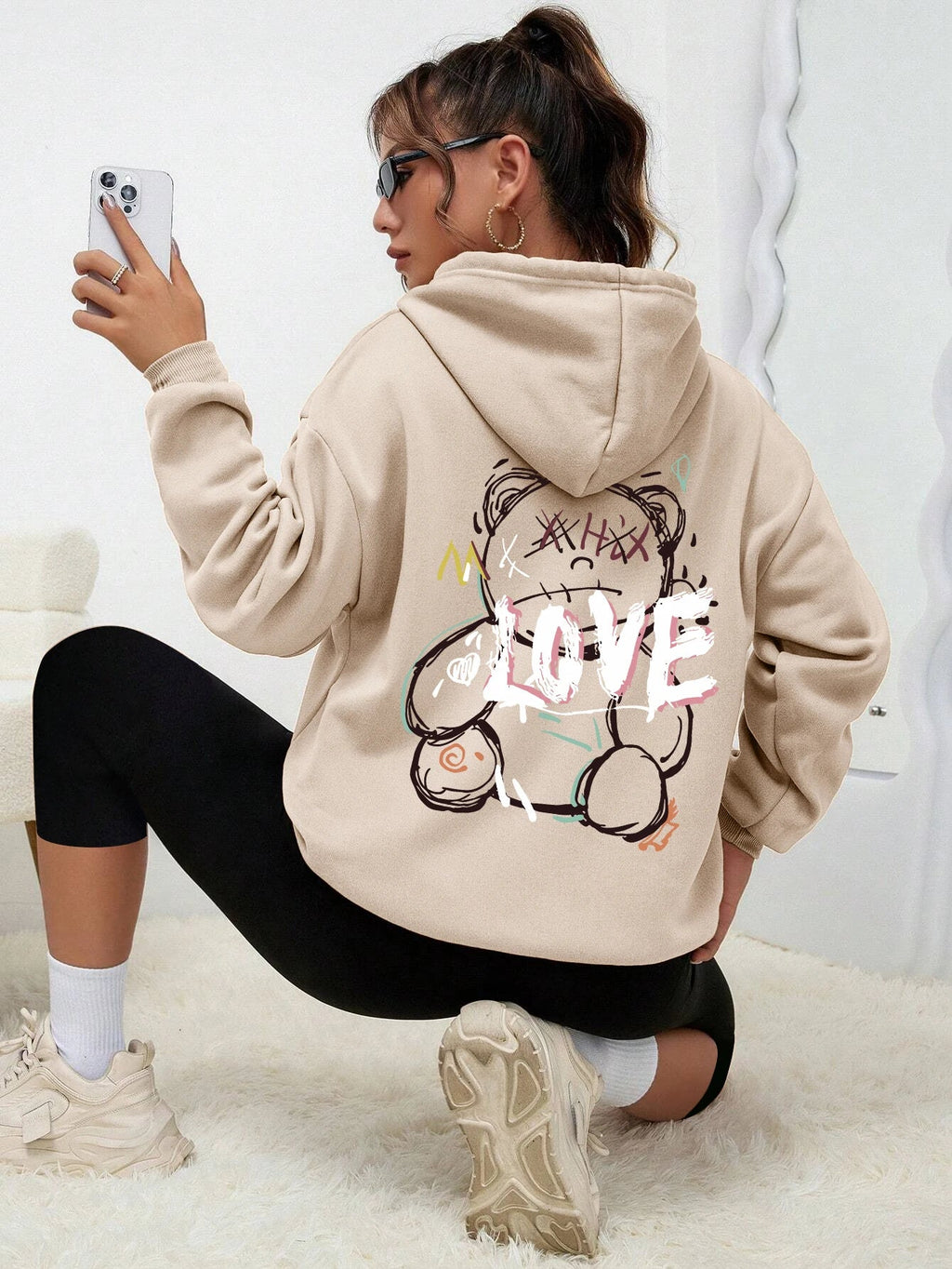 Graffiti Line Bear Simple Print Female Hoody Harajuku S-Xxl Sweatshirt Fashion Casual Street Hooded Autumn Warm Streetwear Women