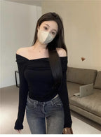 Elegant Off-Shoulder Long Sleeve Knitted Top For Women 2023 Autumn Slimming Smooth Base Layer T-Shirt Polyester Fiber Full Sleev