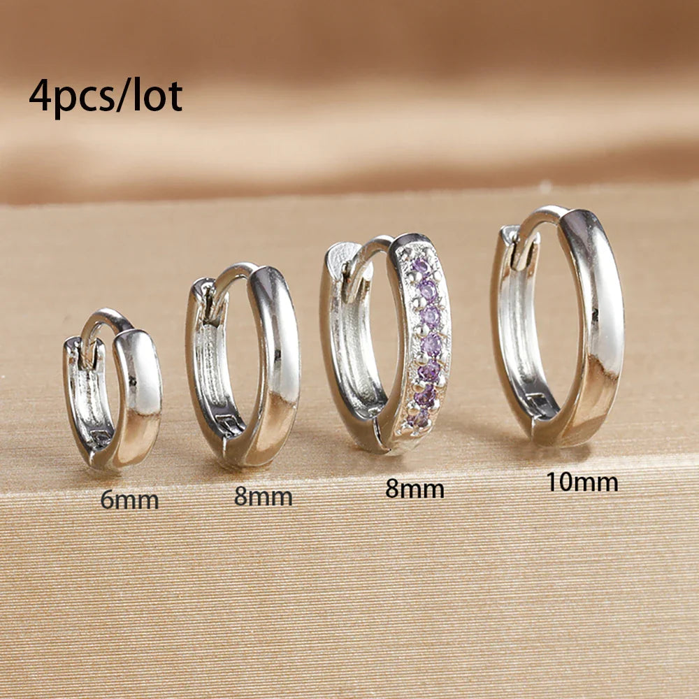 4PCS Set Stainless Steel Huggie Minimal Hoop Earrings 6/8/10mm Crystal Zirconia Helix Tragus Cartilage Earrings Piercing Jewelry