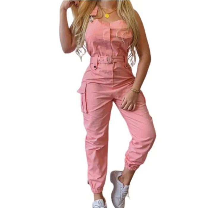 Autumn Women's Clothing Bodysuit Jumpsuit 2023 Simple Zipper Cargo High Waisted Conjoined Body Pants Sleeveless Strap Trousers