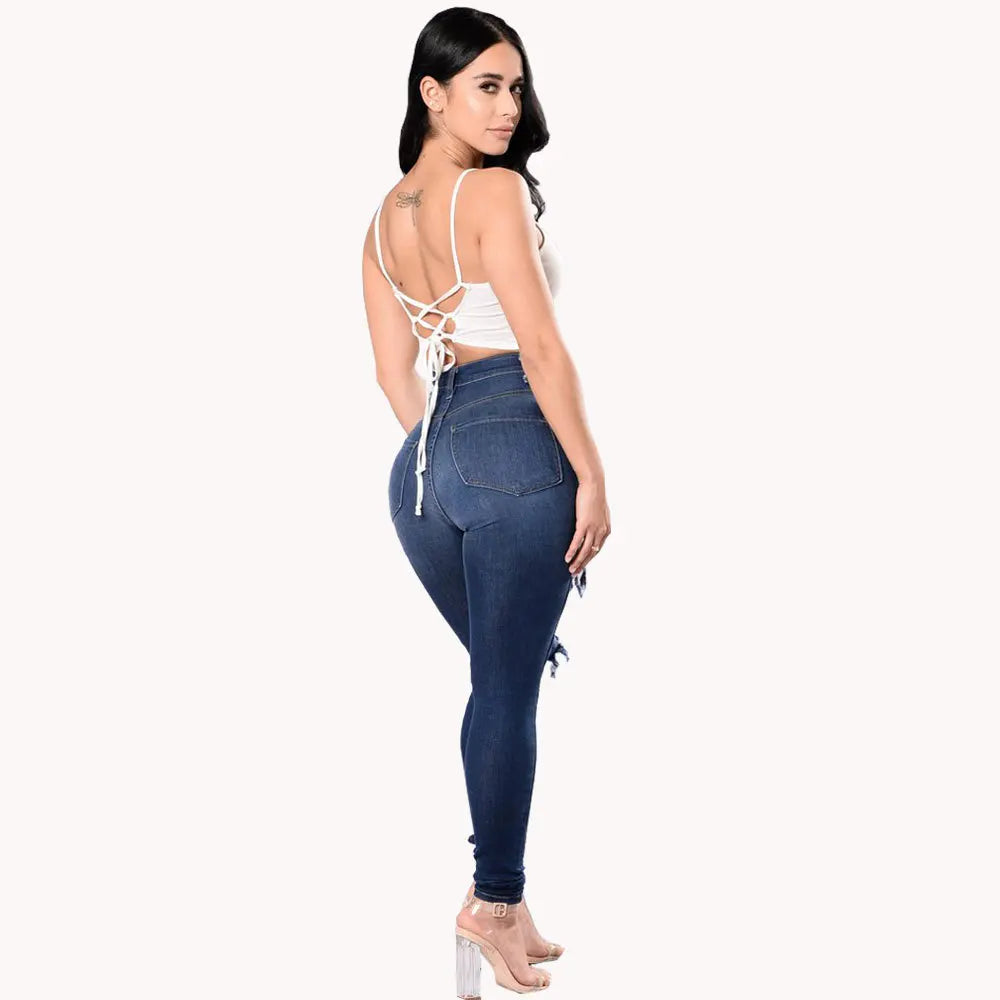 Botvotee Ripped Skinny High Waisted Pencil Jeans for Women Casual Y2K Streetwear Denim Pants Dark Blue Elastic Jeans Woman