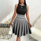 Dress 2025 Summer Commuter Color Contrast Printed Round Neck A-line Sleeveless Dress Short Skirt Casual Fashion Mini Dress Women