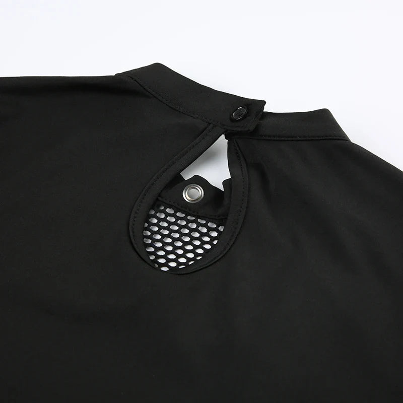 CIBBAR Gothic Black Crop Top Chic See Through Mesh Patchwork Full Sleeve Skinny Basic T-shirt Women Punk Style Stitched T Shirts