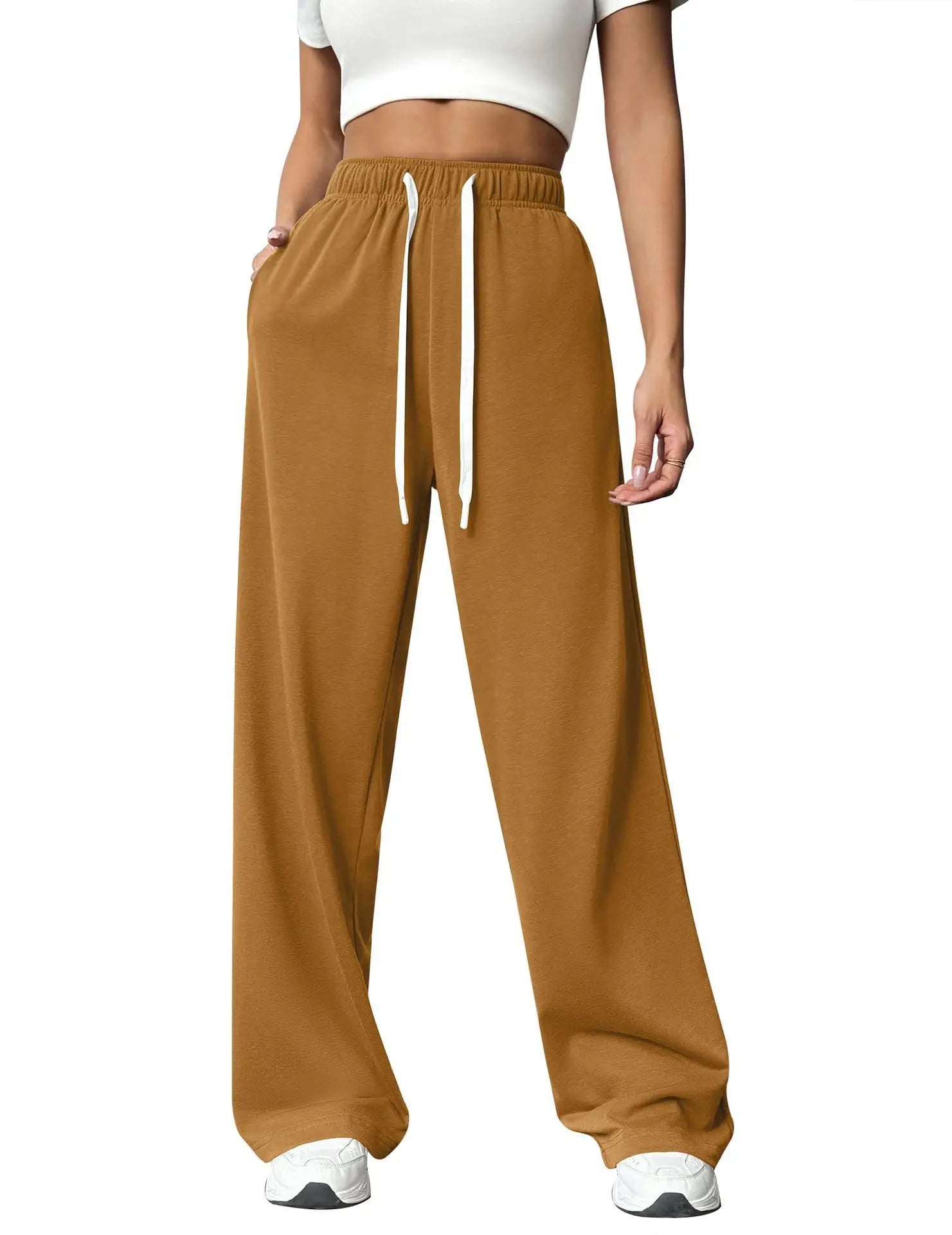Casual Wide Leg Sports Pants for Women Casual Straight Leg Loose Solid Color Elastic Drawstring High Waisted Wide Leg Pants