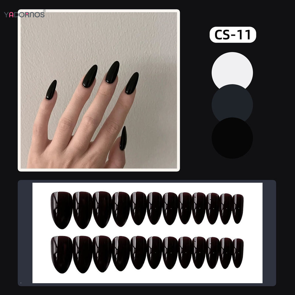 Almond Mid-length Black Fake Nail Solid Color Press on Nails Simple Full Cover Artificial Nail For Girls Nail Extension 24Pcs