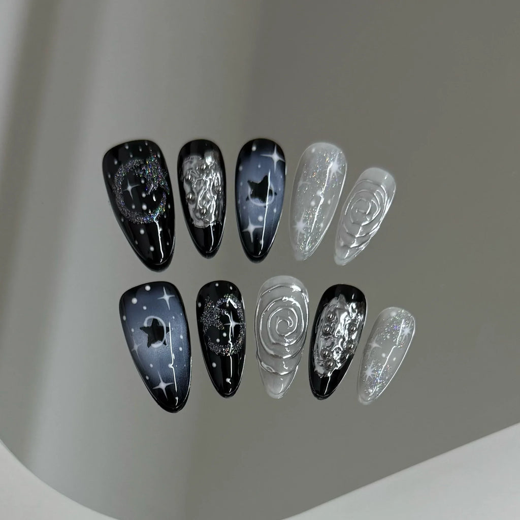 10pcs Handmade Press on Nails Y2k Starry Night Sky Almond Fake Nail Tips Detachable Wearable Sweet Cool False Nails for Girls