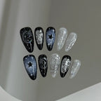 10pcs Handmade Press on Nails Y2k Starry Night Sky Almond Fake Nail Tips Detachable Wearable Sweet Cool False Nails for Girls