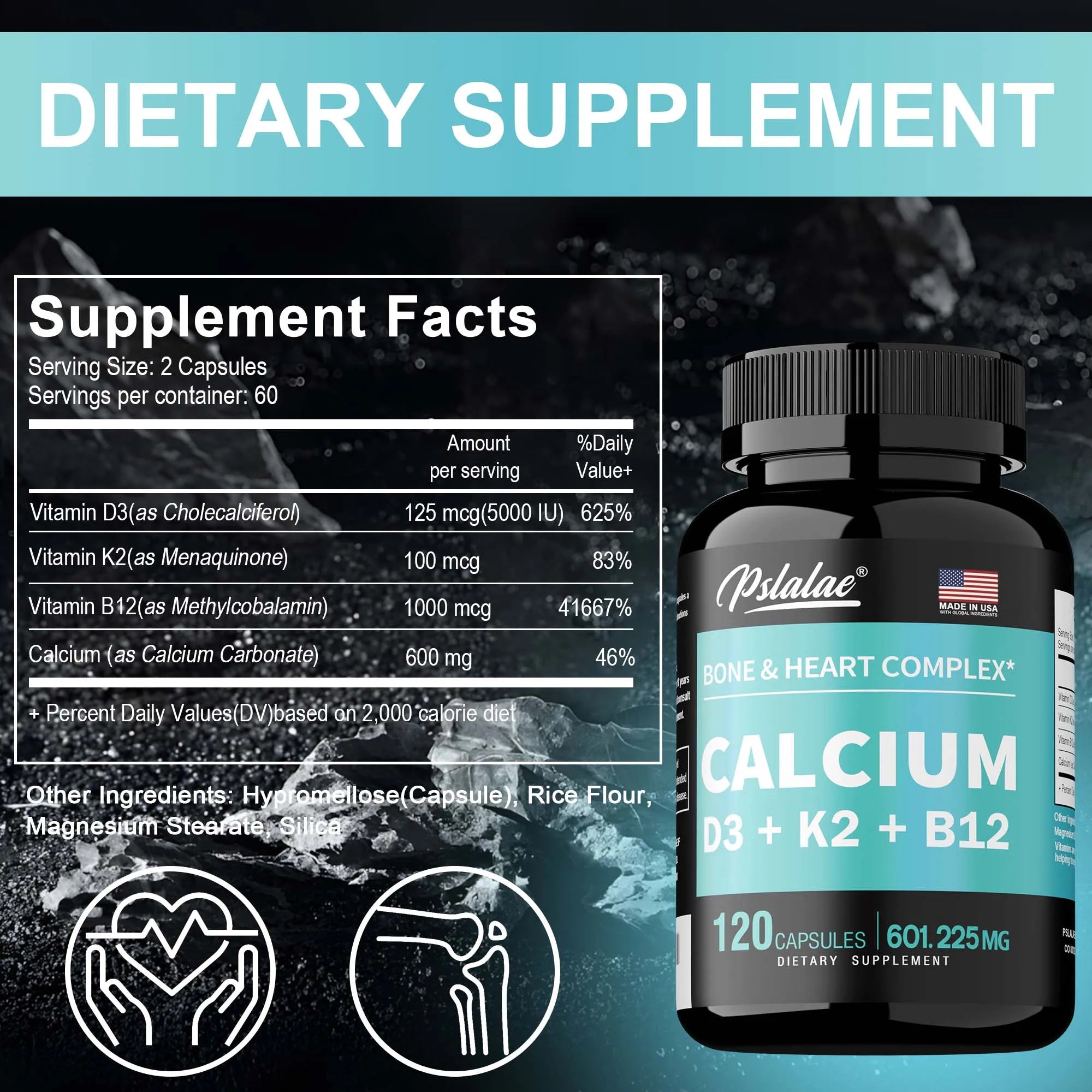 4-in-1 Calcium Supplement with Vitamin D3 K2 B12 - Supports Bones, Teeth, Heart and Immune System Function