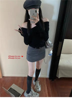 Elegant Off-Shoulder Long Sleeve Knitted Top For Women 2023 Autumn Slimming Smooth Base Layer T-Shirt Polyester Fiber Full Sleev