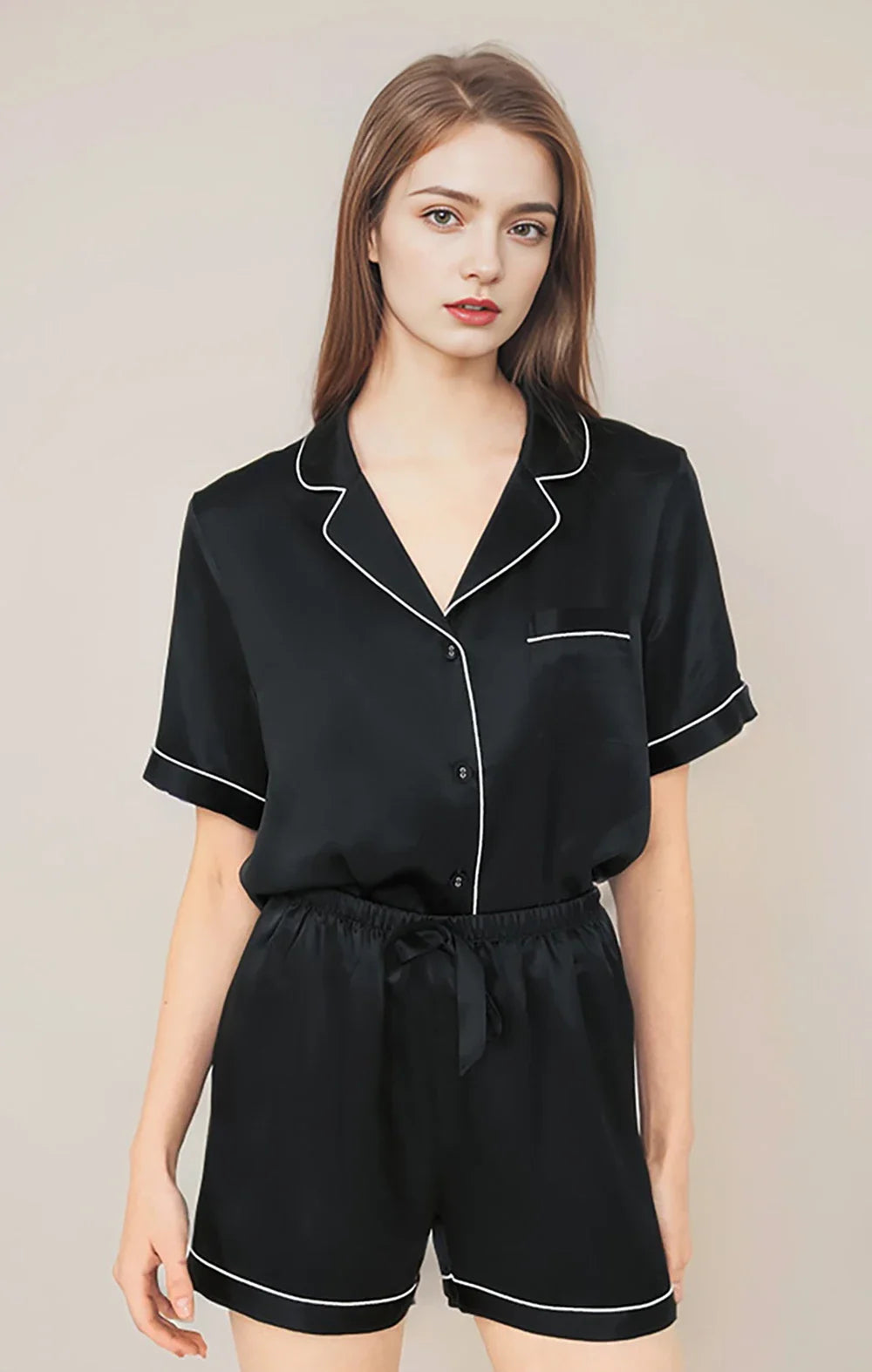 100% Real Mulberry Silk Womens Pajamas Set Sleepwear Pjs Button Down Short Sleeve Shirt Top and Shorts Loungewear 2 Piece M-4XL