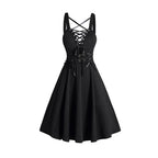 2025 Womens Gothic Dresses Sets Solid Color Open Front Crop Jacket and Lace Up Buckle Strap Crisscross Dress Outfit