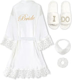 4 Pcs Bride Robe for Wedding Day Set Bridal Robe with Slippers Lace Trim Wedding Robe for Bridal Bachelorette Party