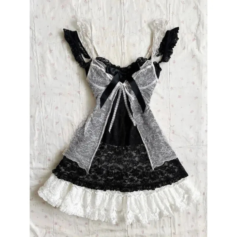 2000s Gothic Vintage Mini Dress Women Sleeveless Strap Party Dress Evening Lace Retro Cltohing Japanese Y2k Black Chic