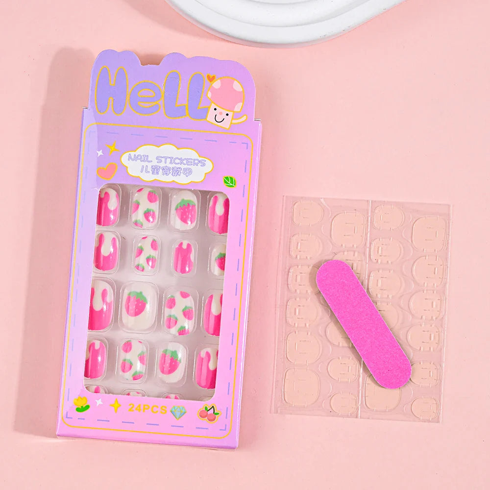 24Pcs Children Cartoon Nail Tips Colorful Cute Rabbit Pink Stars 6-14 Years old Girl Fake Nail With Jelly Glue Kids False Nail