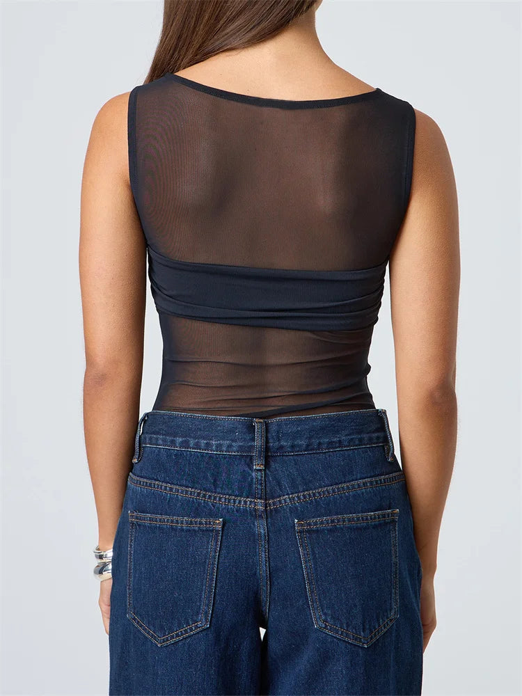 CHRONSTYLE Sexy Women Mesh Sheer See Through Tank Tops Sleeveless Round Neck Solid Color Slim Fit Ruched Patchwork Vest 2025 New