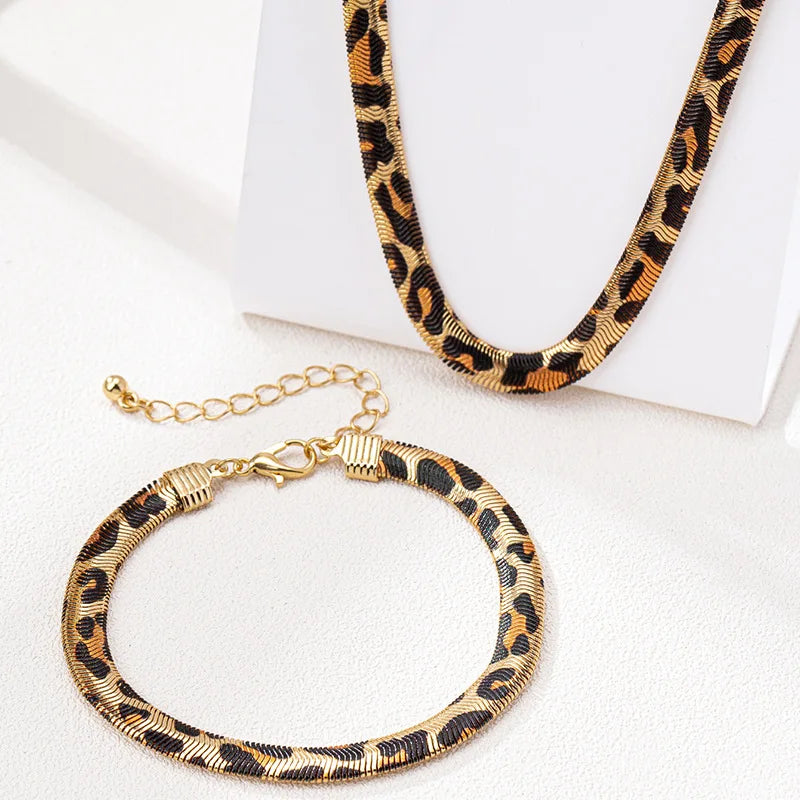 2PCS Leopard Print Snake Chain Bracelet Necklace Set For Women Fashion Jewelry Daily Wear Accessories Trendy New Styles Gifts