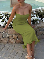 Dulzura Sleeveless Ruffles Patchwork Strapless Bodycon Midi Dress Women'S Solid Sexy Outfit Party Clubwear For Autumn Winter