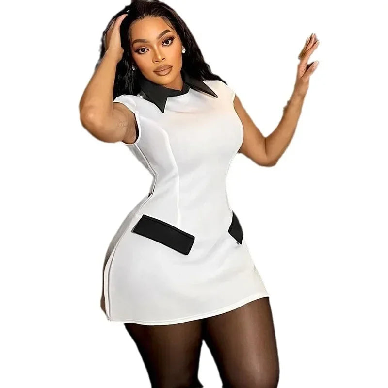 Elegant Fashion A-line Mini Dress Women Peter Pan Collar Cap Sleeve Pockets Patchwork Sheath High Waist Party Club Short Dresses