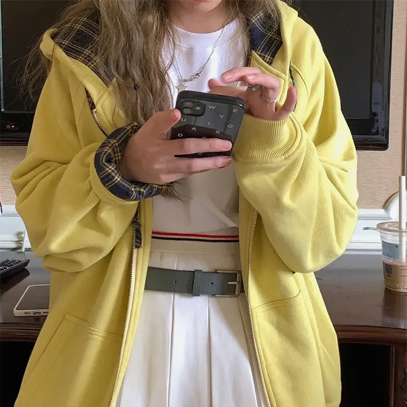 Brown Zip Up Hoodie Women 2023 Autumn Lattice stitching Long Sleeve Casual Oversized Sweatshirt Solid Jacket Women Clothing