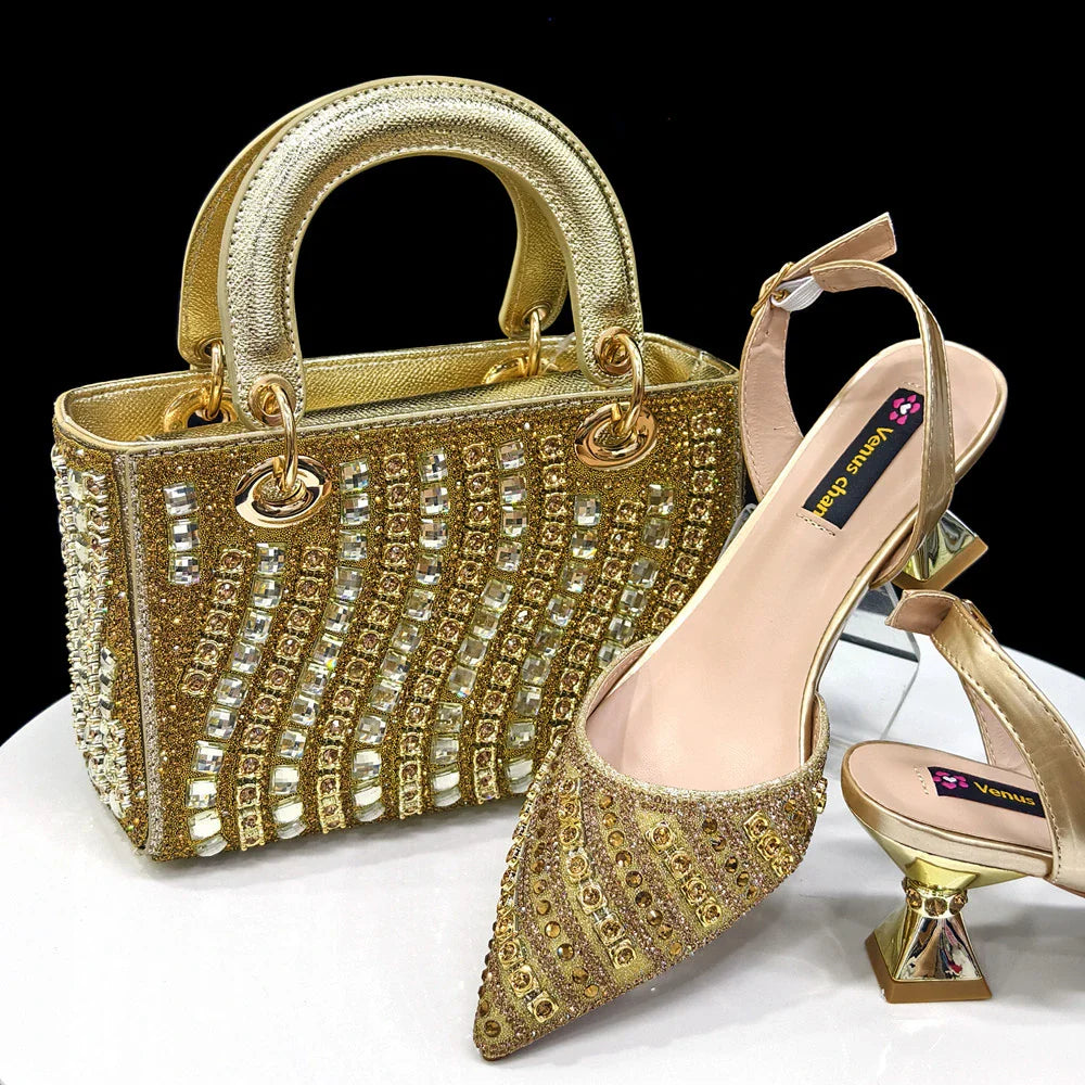 2025 Luxurious Italian Women's Party Shoes & Bag Set â€?Elegant Golden Rhinestone Spring/Summer Sandals with Pointed High Heels f