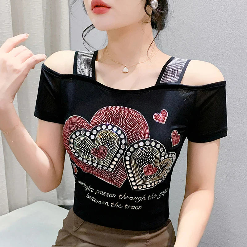 Aoxison Summer Short Sleeved Women's T-Shirt Elegant Slim Shiny Love Heart Diamonds Mesh Tops Chic Girl Sexy Off Shoulder Tees
