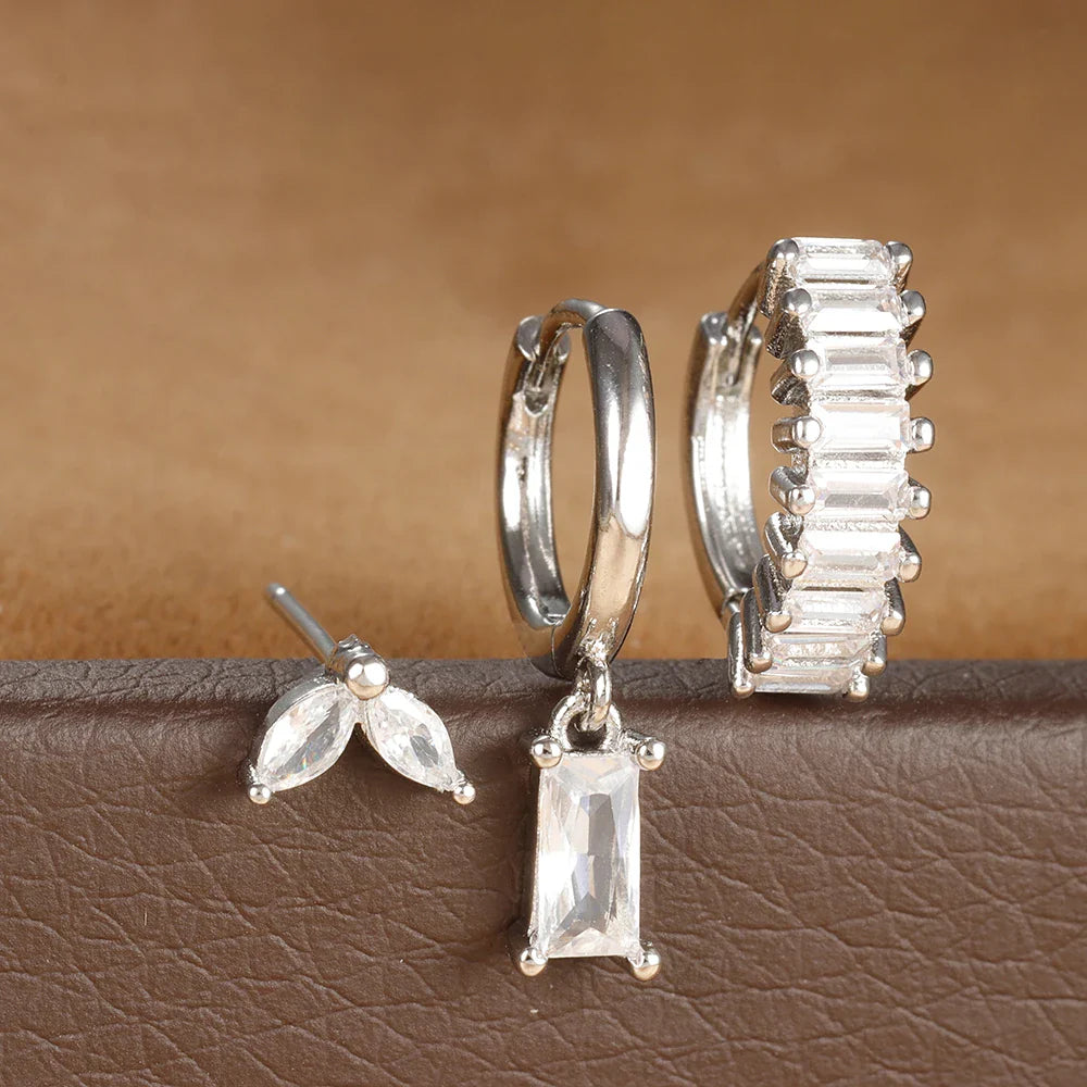 3PCS Stainless Steel Square Earrings Sets for Women Vintage Zircon Pendant Geometry Round Circle Hoop Earrings Piercing Jewelry