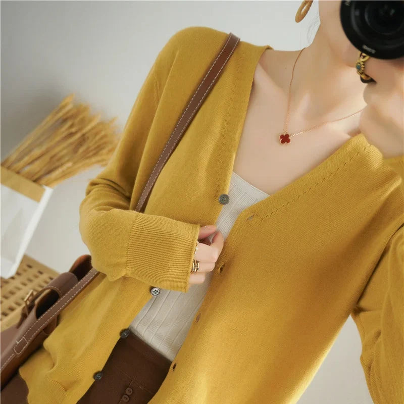 100% Cotton Line Long Sleeve V-Neck Knitted Cardigan Women Loose Short Solid Color Simple Sun Protection SMY K61