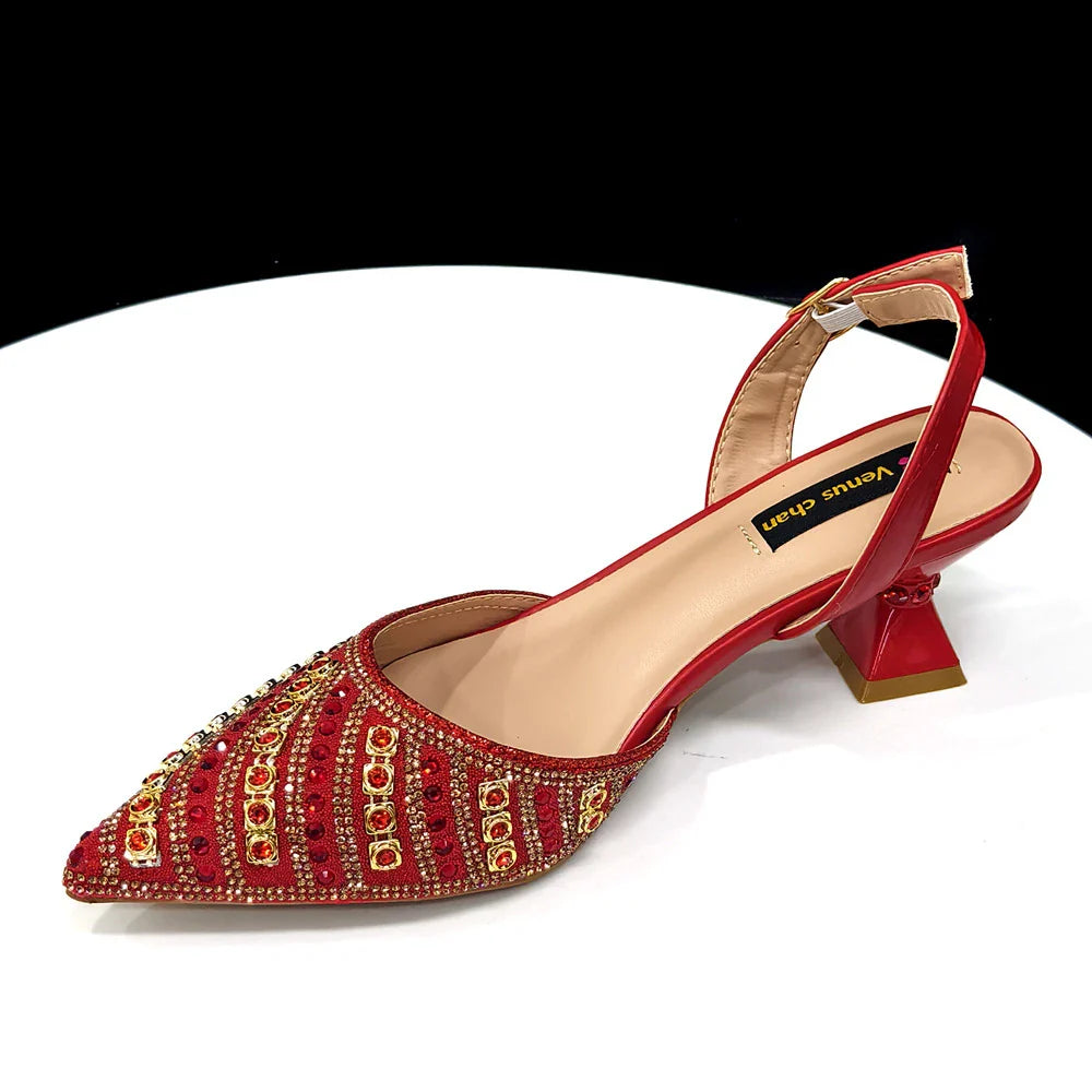 2025 Luxurious Italian Women's Party Shoes & Bag Set â€?Elegant Golden Rhinestone Spring/Summer Sandals with Pointed High Heels f