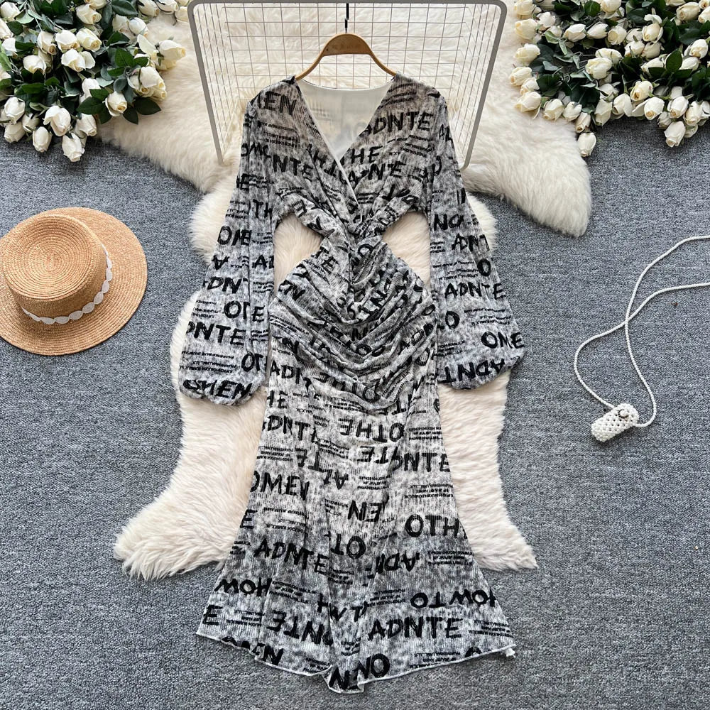 Chic vintage long sleeve Criss-Cross print pleated Elegant Fairy korean fashion dress women clothing Long dress